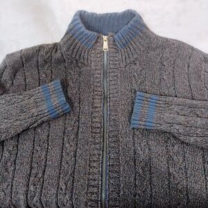 True Rock Cable Knit Blue Gray Full Zip Mock Neck Cardigan Sweater Mens Large G